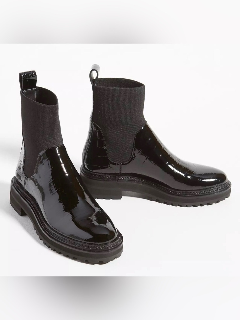 Loeffler Randall Bridget Chelsea Boots Black Patent Croc Embossed 7